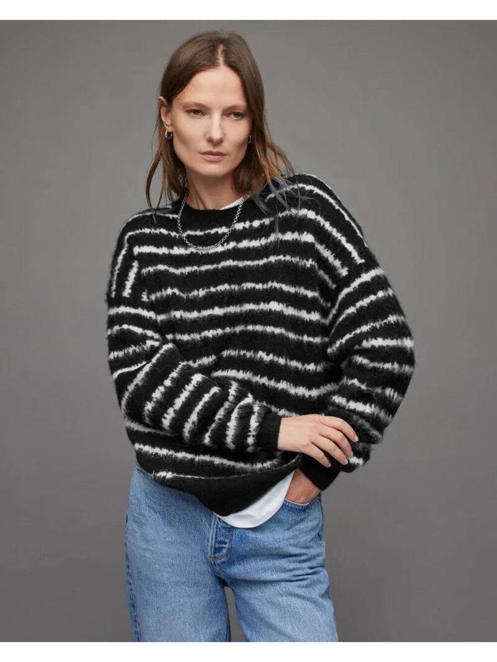 ALLSAINTS Rosco Striped Oversized Crewneck Sweater Wool Alpaca Womens Size S EUC